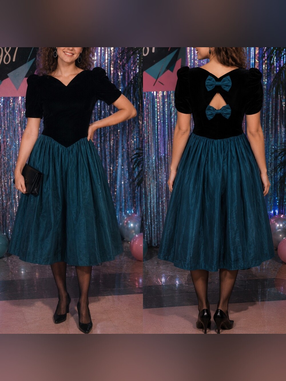 Jessica McClintock Gunne Sax Vintage 80s Black &Teal Prom Party Dress sz 5/6